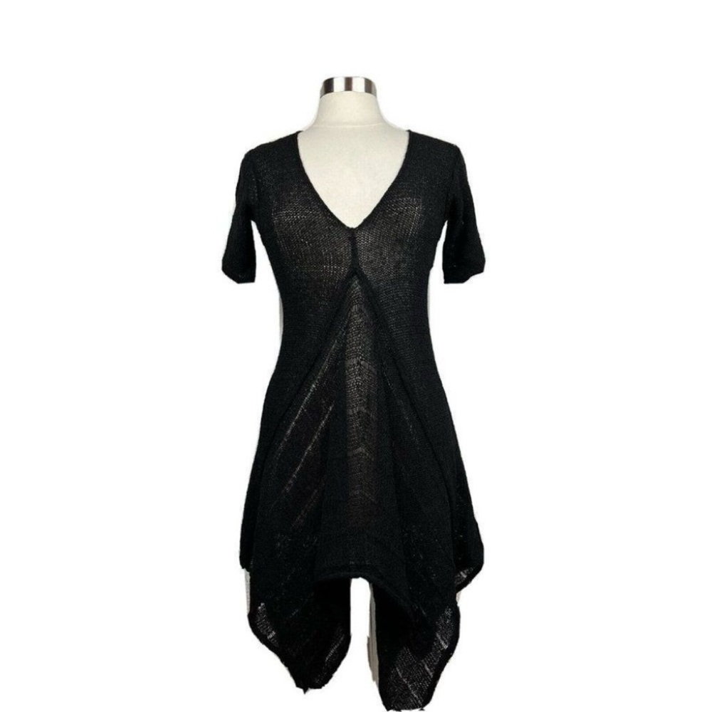 Skifo Dress Womens Black Knit Short Sleeve V Neck Tunic Asymmetrical Lagenlook